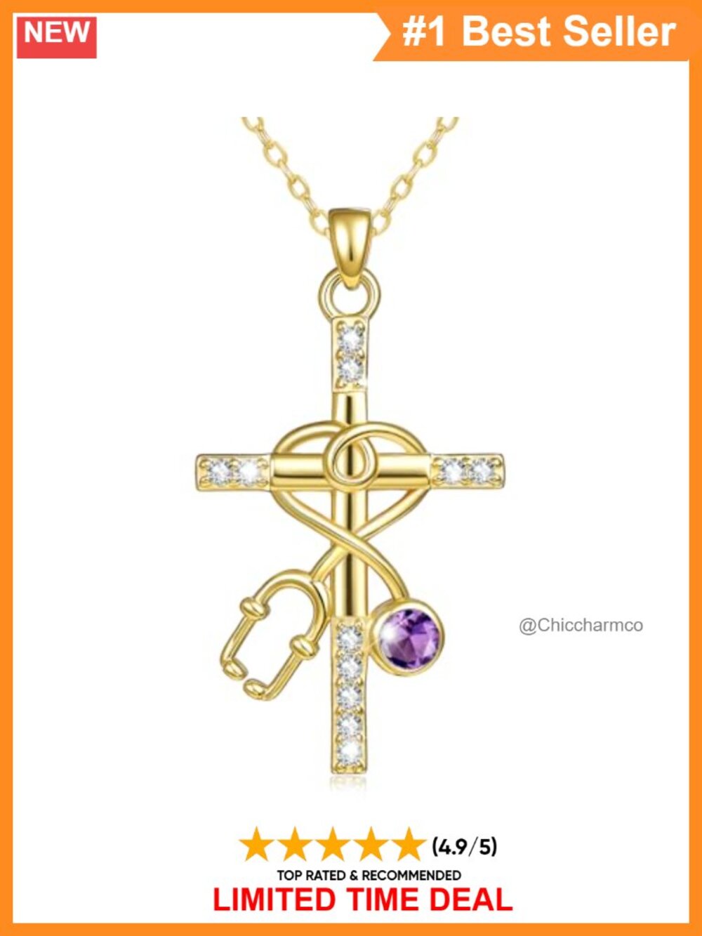 14k Gold Plated Stethoscope Cross Necklace Women CZ Nurse Gift